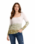 Woman wearing a white and green gradient long-sleeve top with blue jeans on a white background