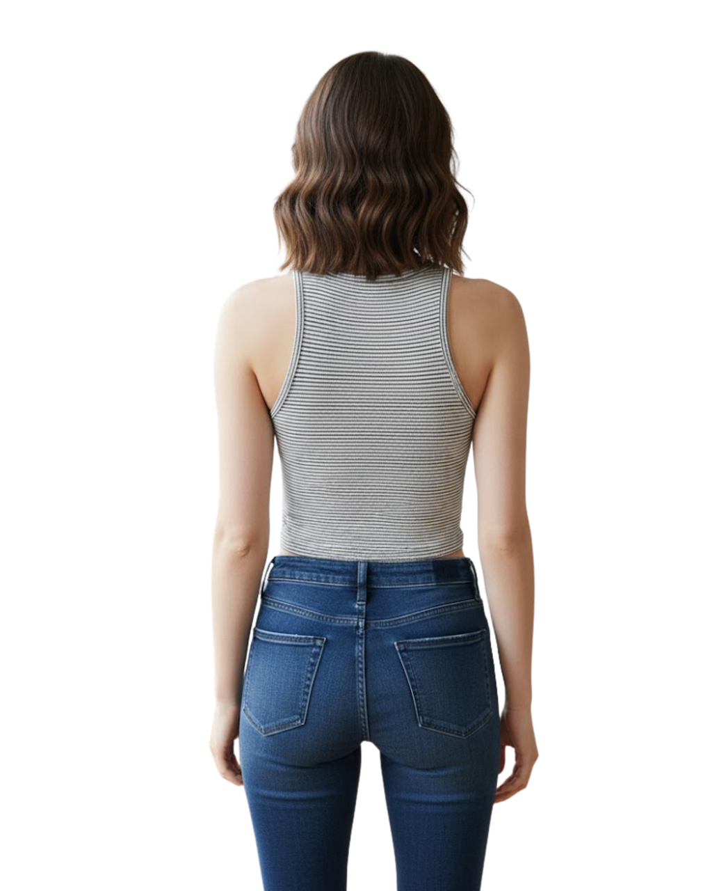 Person wearing a gray tank top and blue jeans 