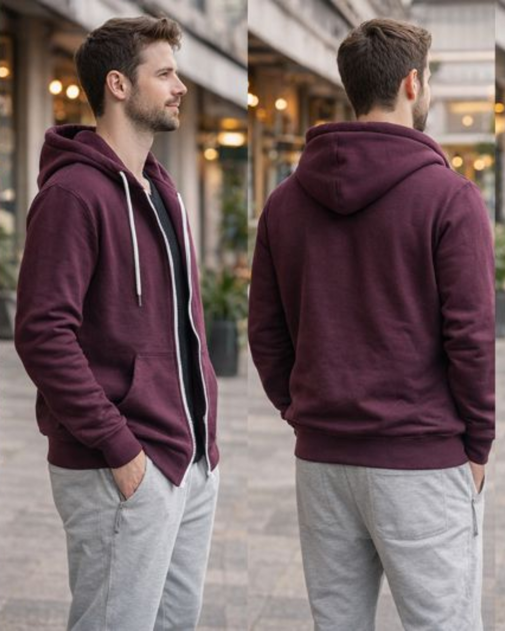 Man wearing a maroon hoodie and gray pants