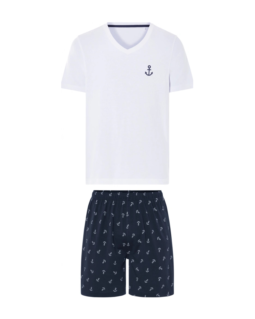 White t-shirt with anchor design and navy shorts with anchor pattern on a white background