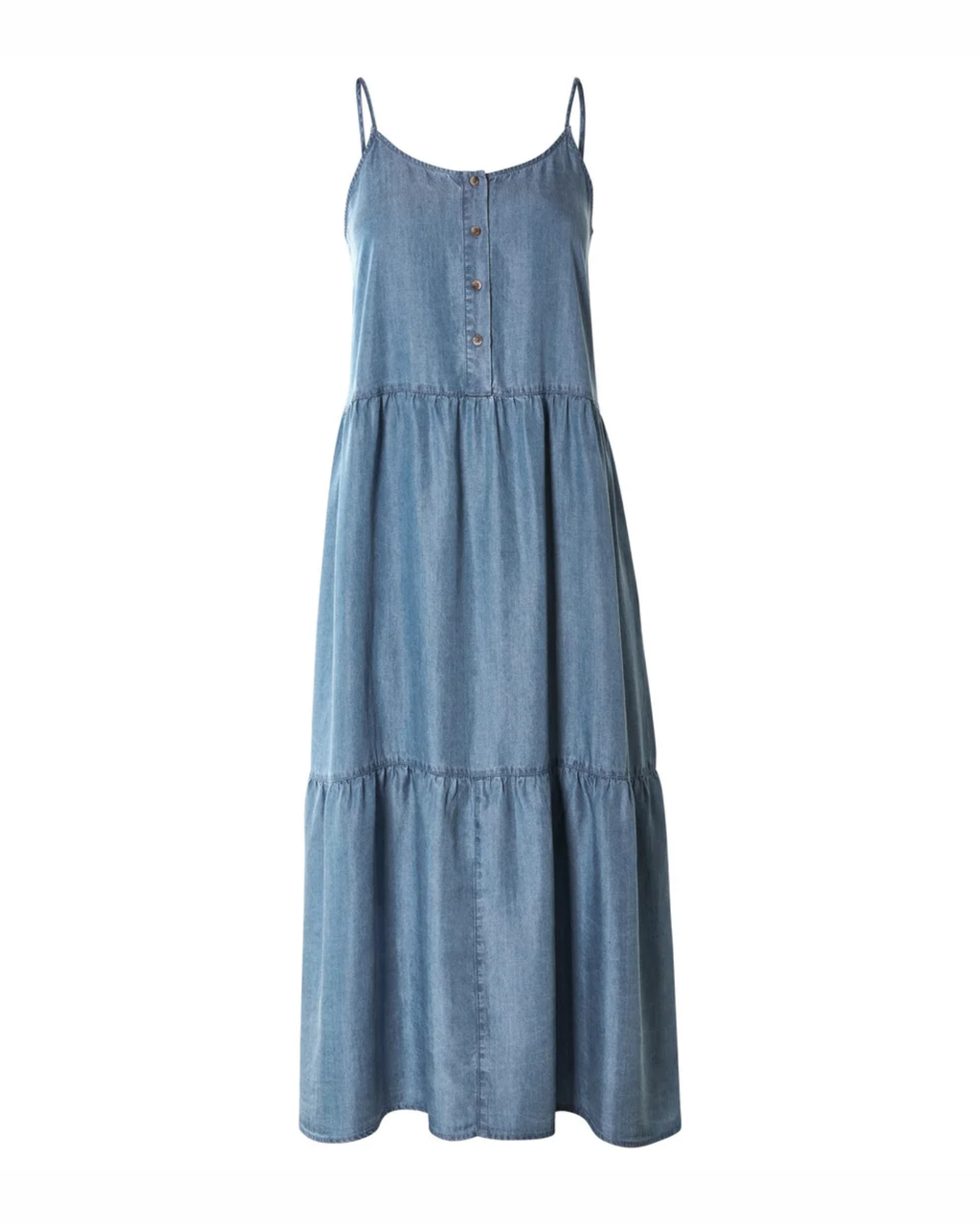 Blue denim dress with thin straps on a white background