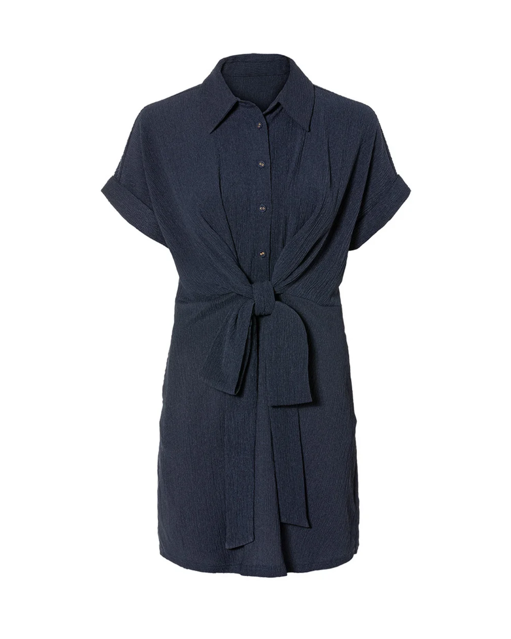 Navy blue dress with a tie waist on a white background