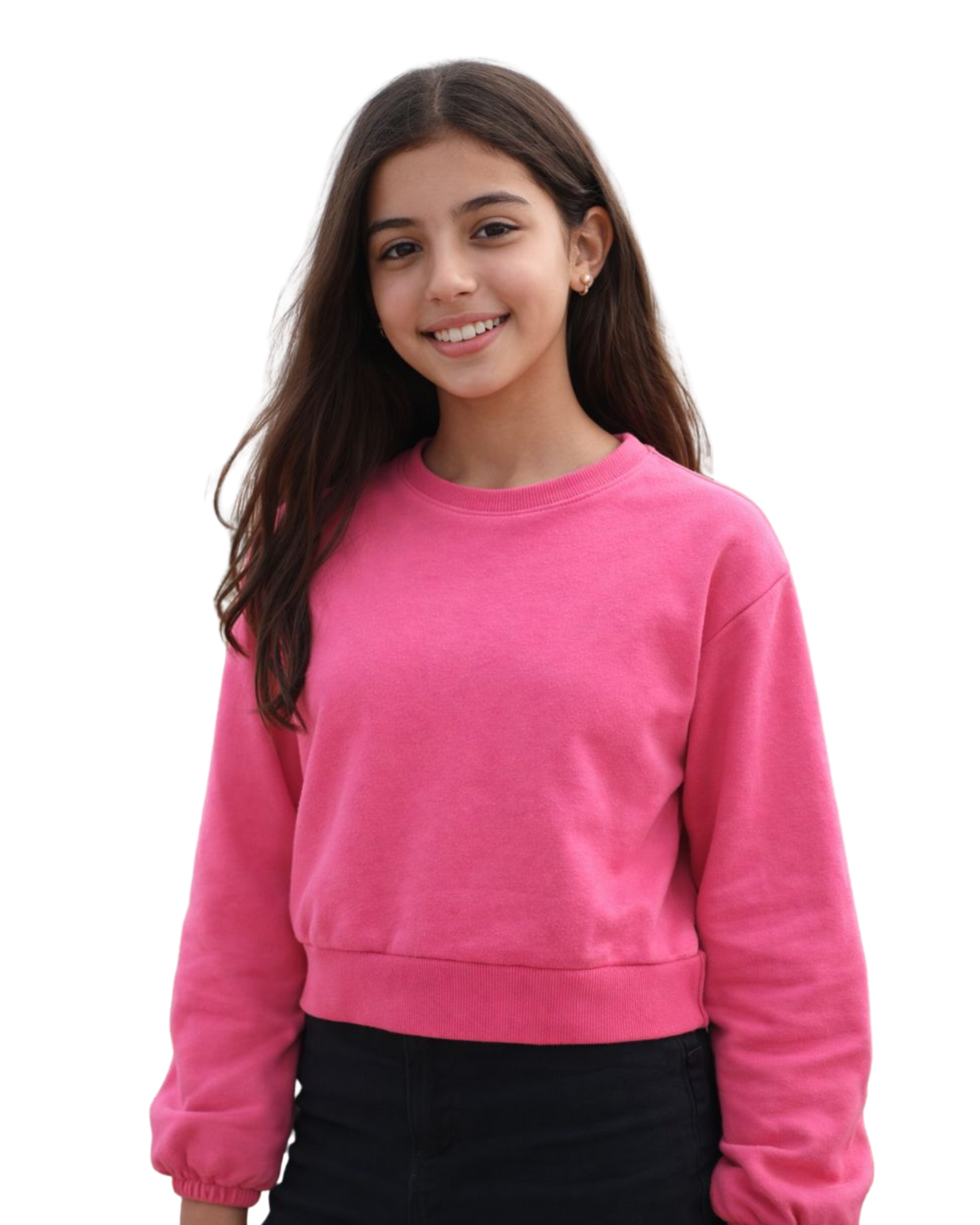 Young girl wearing a pink sweatshirt on a white background
