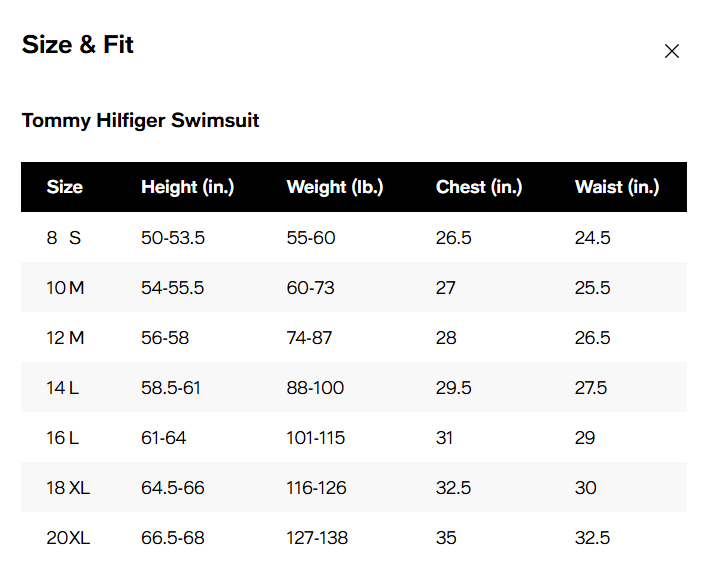 Tommy Hilfiger swimsuit size and fit chart with measurements for height, weight, chest, and waist.