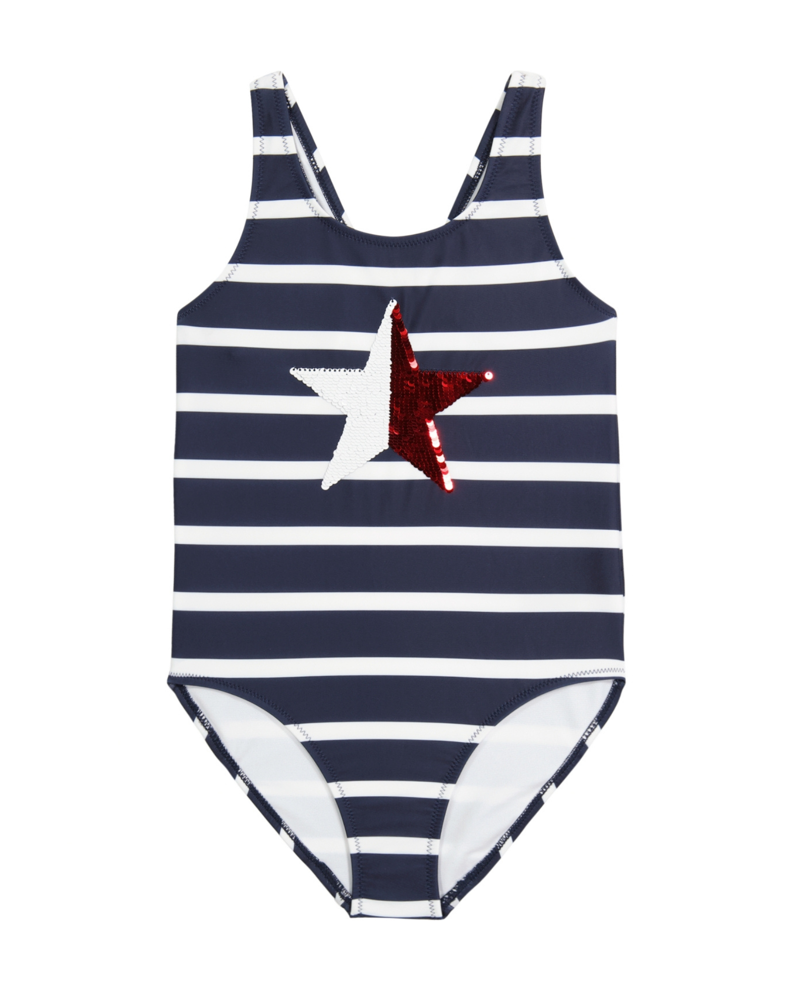 Navy and white striped swimsuit with a red sequin star on a white background