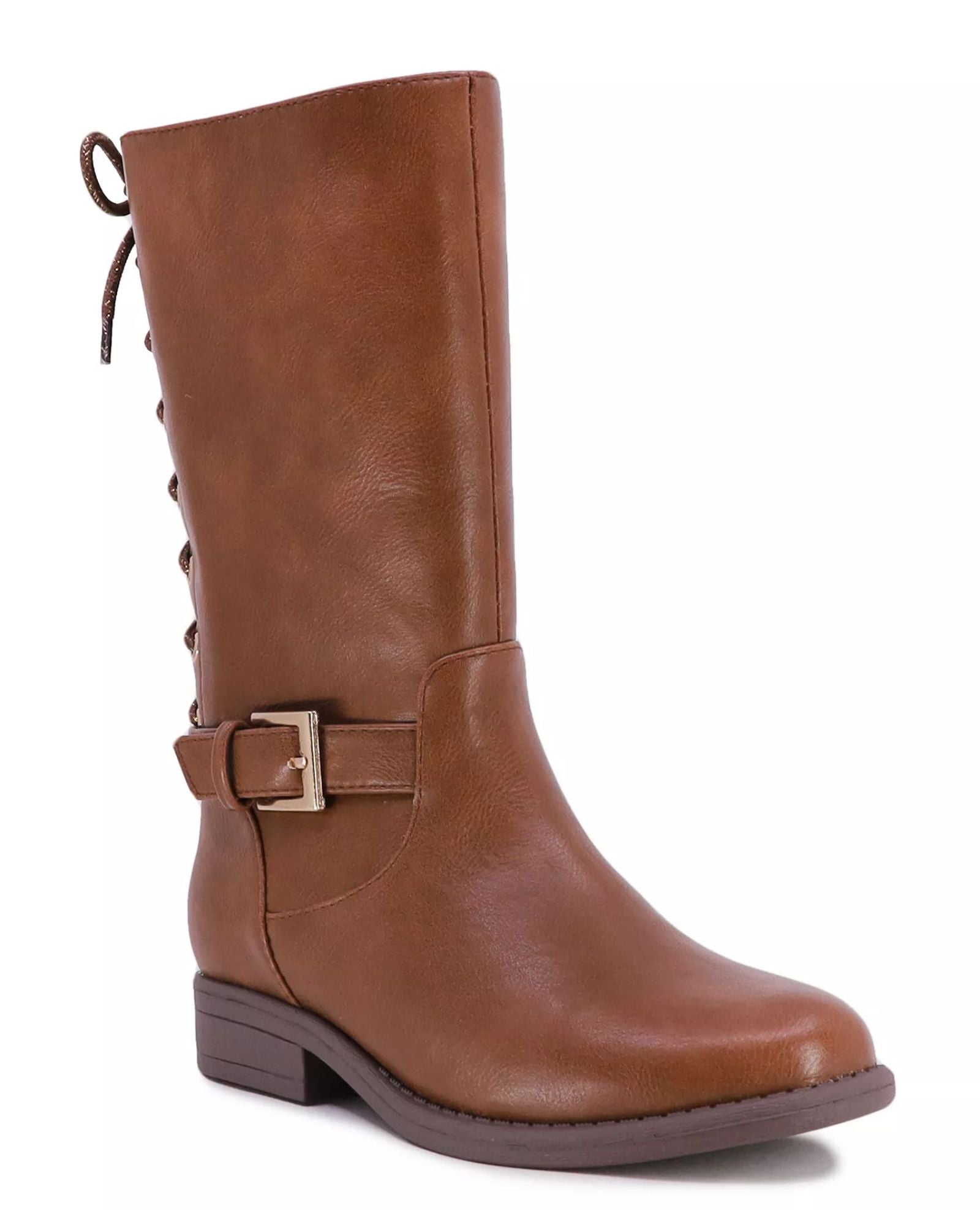 Brown leather boot with a buckle on a white background