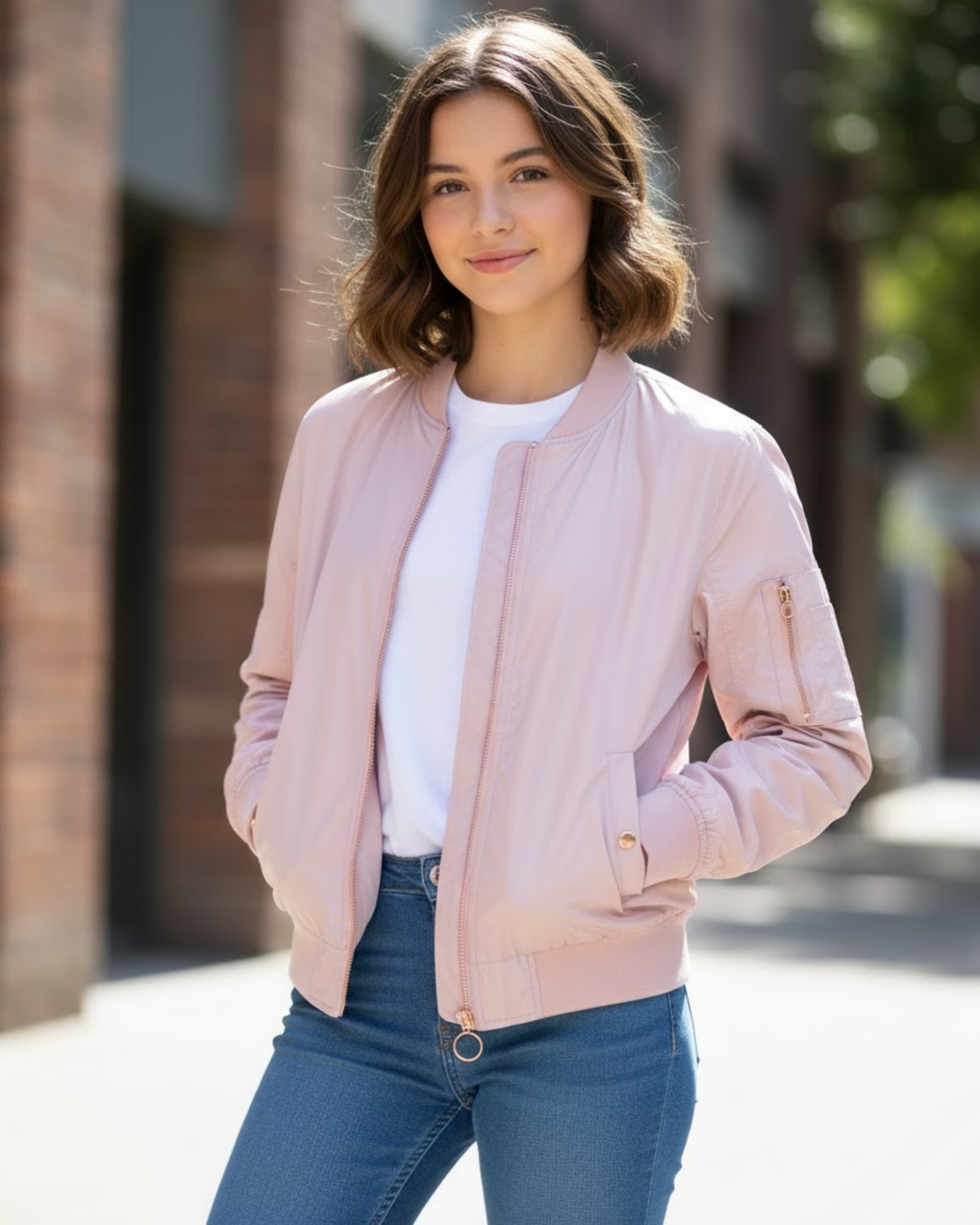 Woman wearing a light pink bomber jacket, white shirt, and blue jeans outdoors.