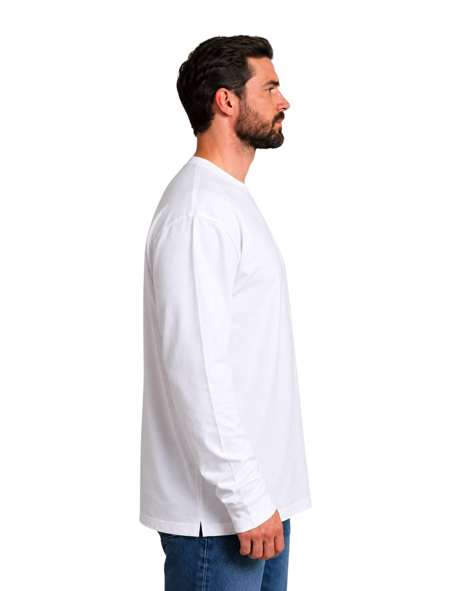 Man wearing a white long-sleeve shirt on a white background