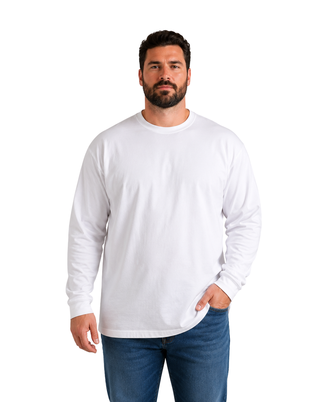 Man wearing a plain white long-sleeve shirt and blue jeans on a white background