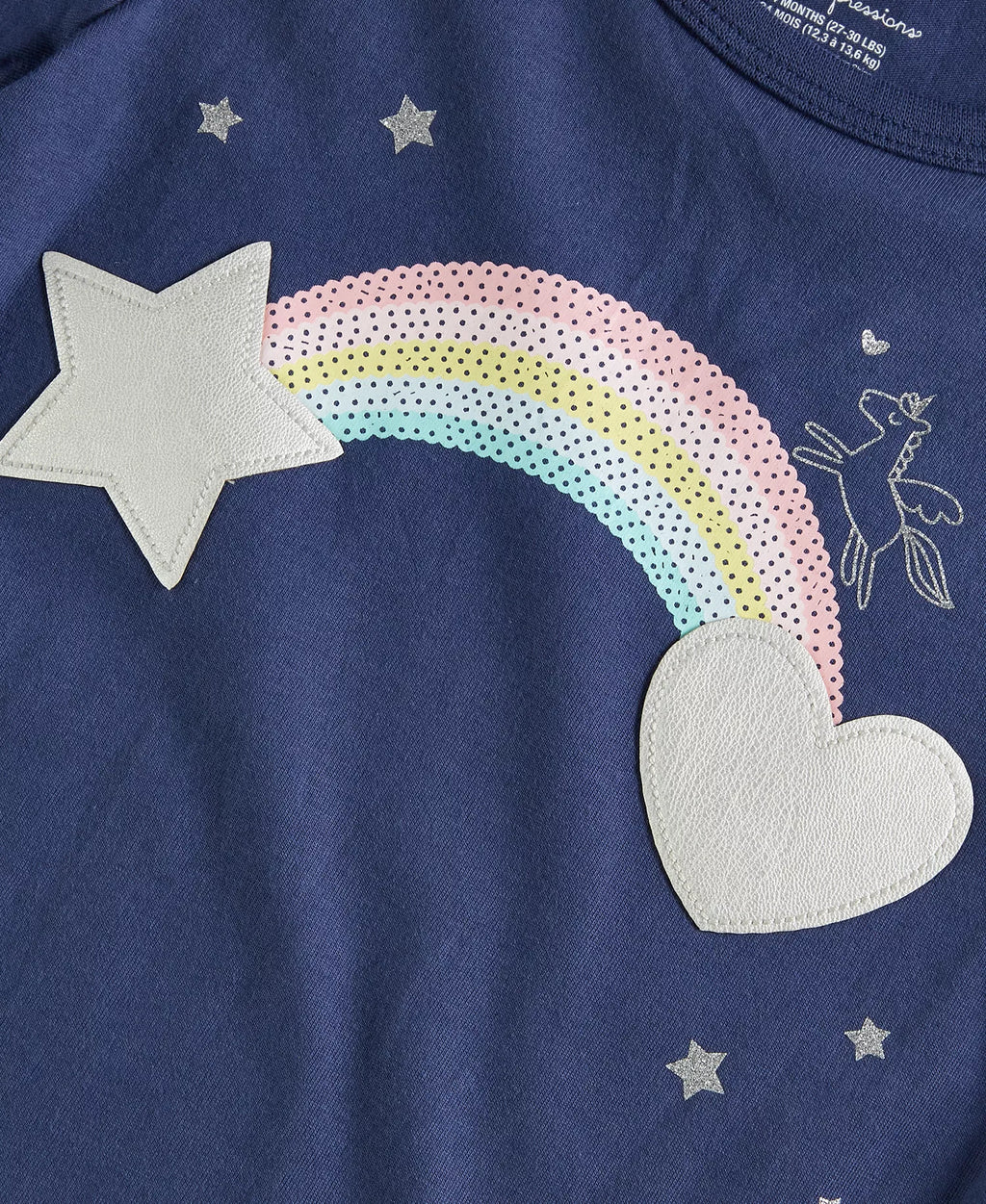 Navy blue shirt with rainbow, star, and heart design 