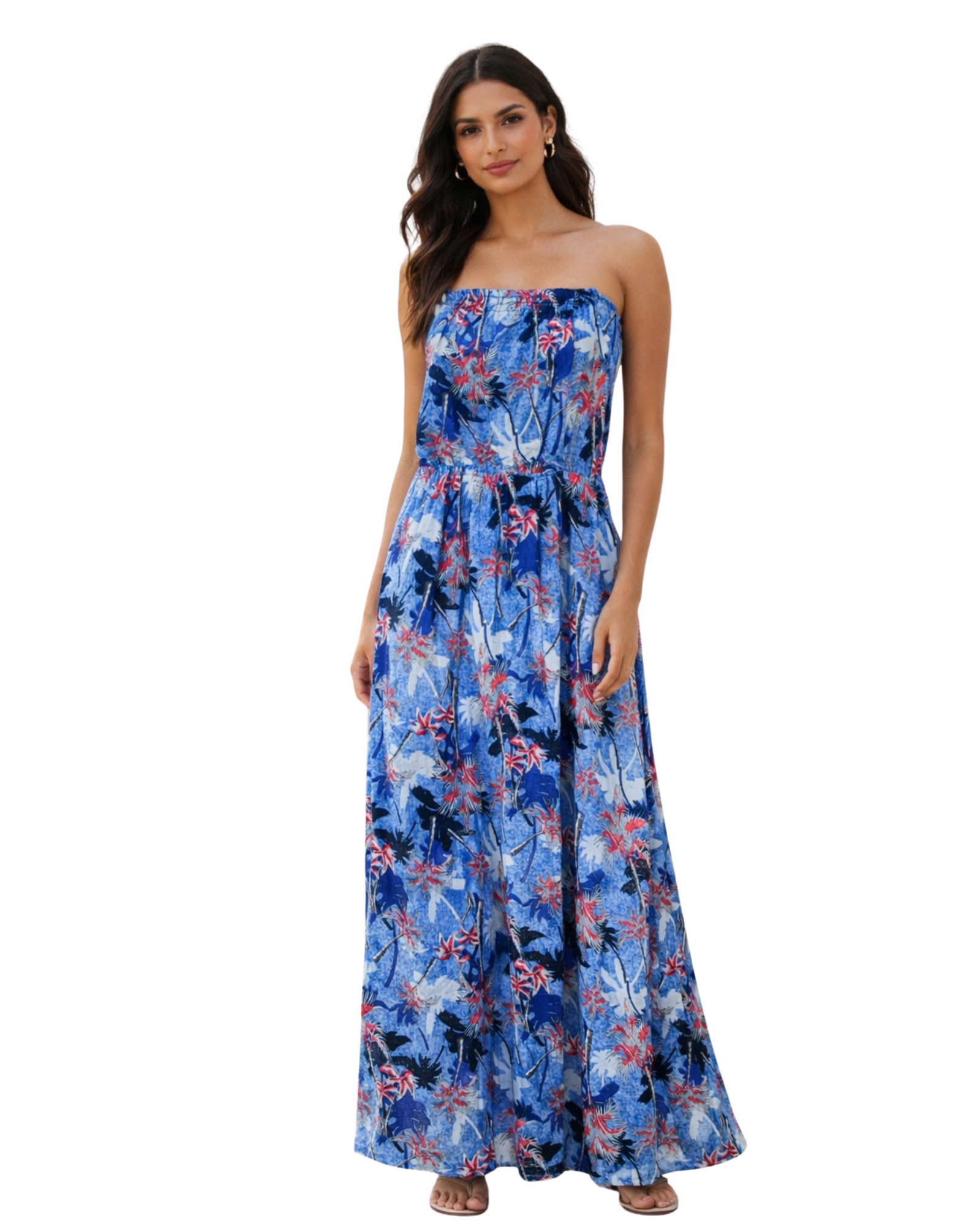 Woman wearing a blue floral strapless dress on a white background