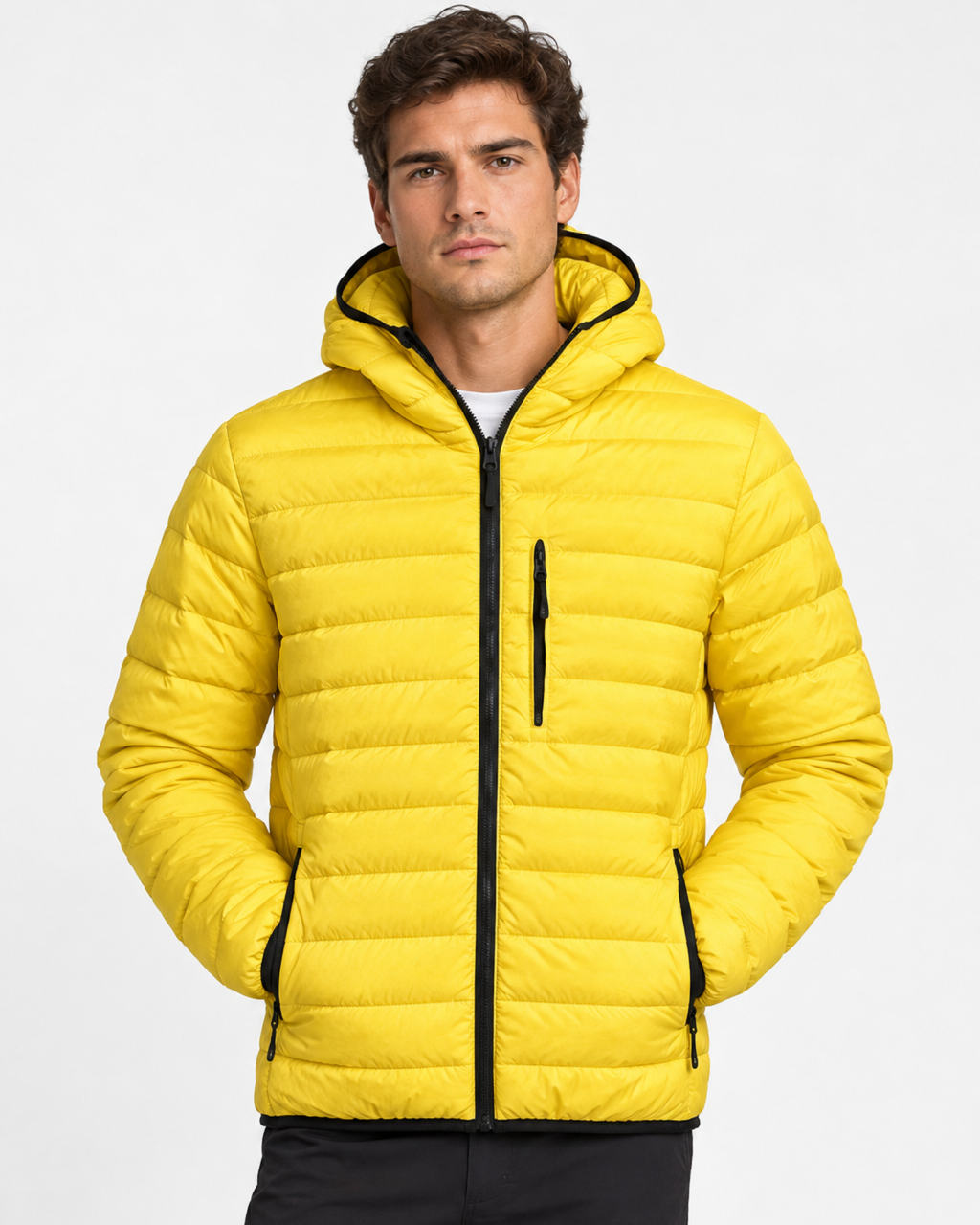 BERSHKA - Men's Lightweight Hooded Puffer Jacket in Vibrant Yellow