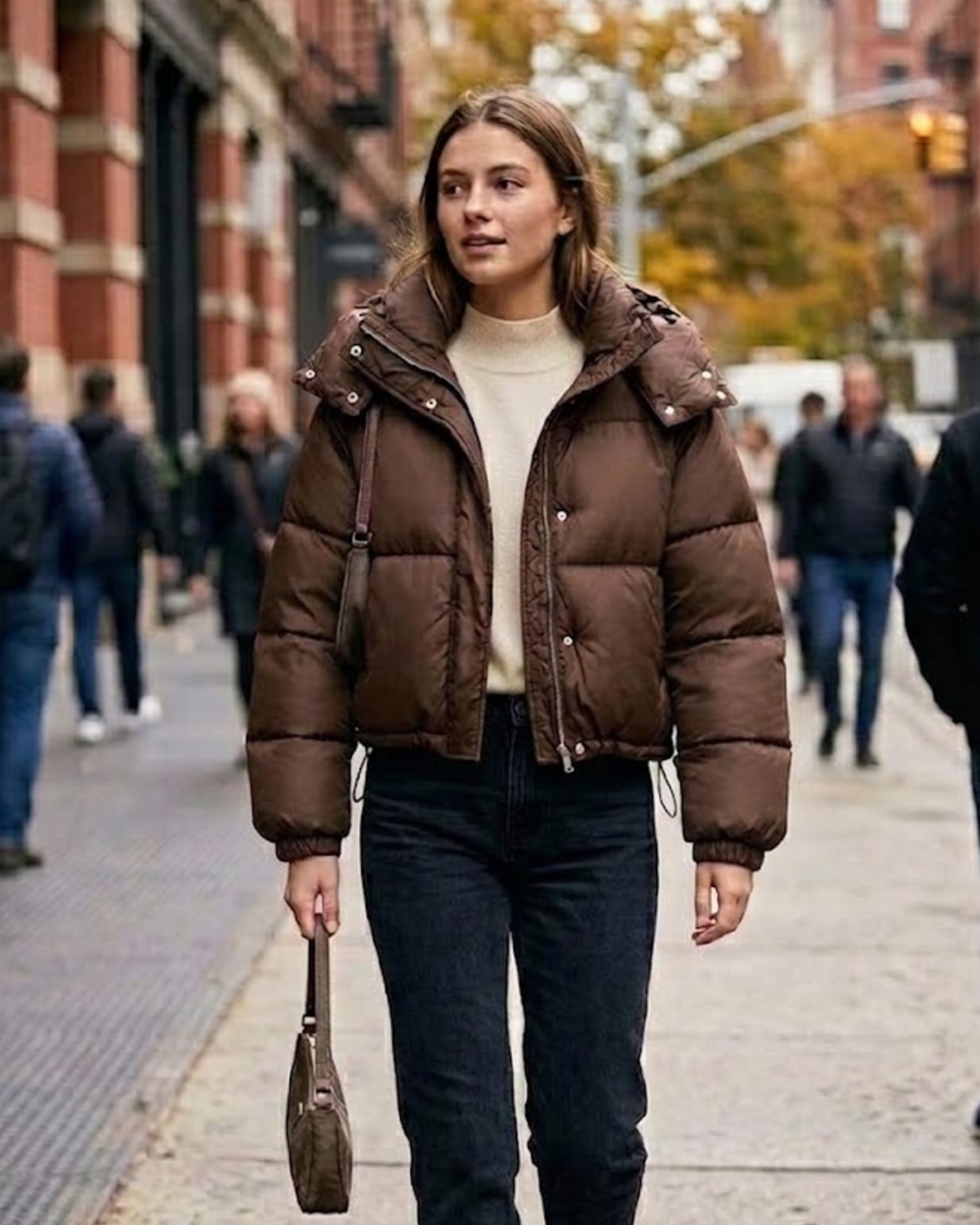Chocolate Brown Cropped Puffer Jacket with Wide Shawl Collar