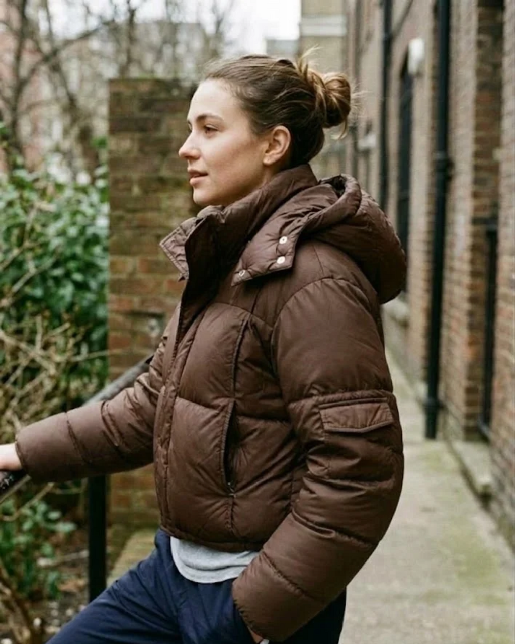 Chocolate Brown Cropped Puffer Jacket with Wide Shawl Collar