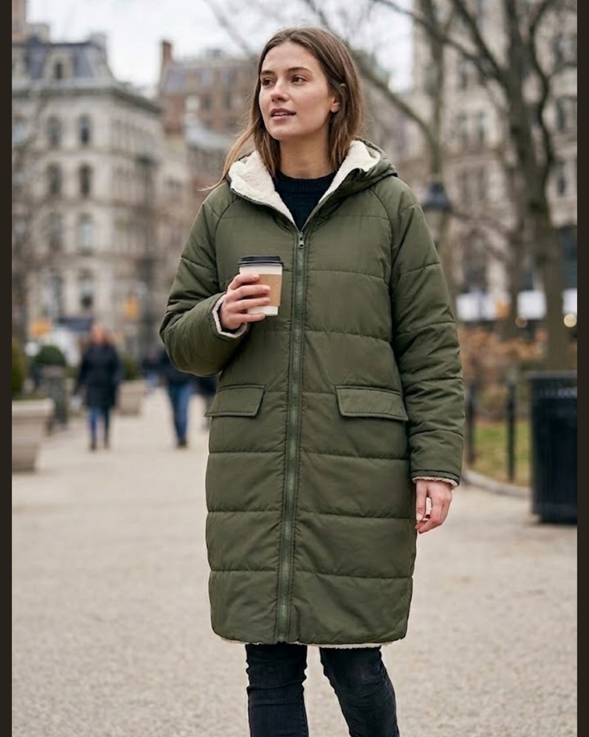 Olive Green Sherpa-Lined Longline Puffer Coat