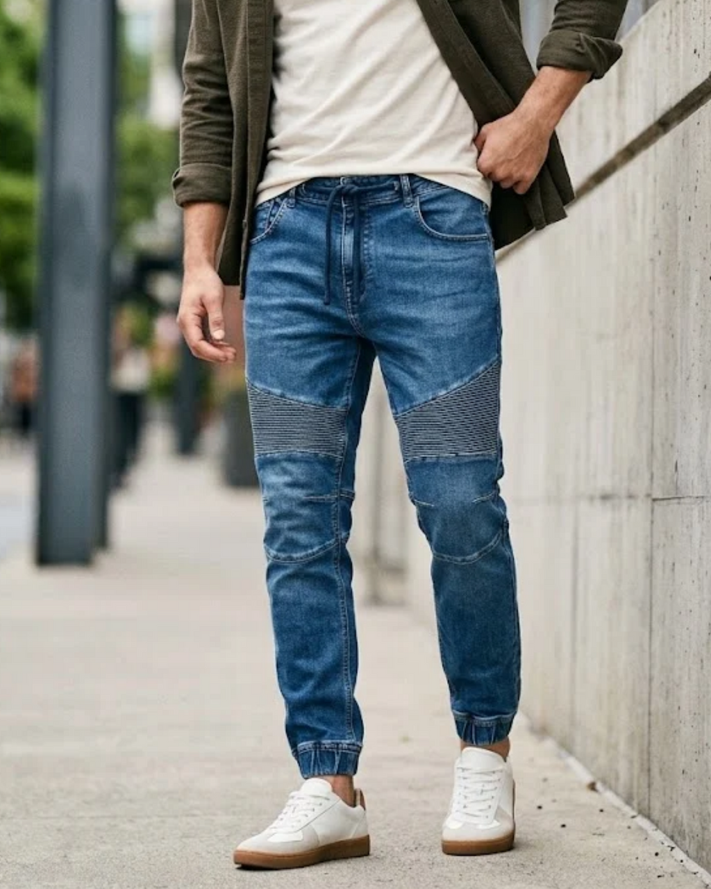 PULL&BEAR - Men's Biker Denim Jogger Jeans – Mid Blue