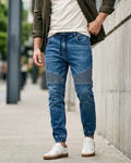 PULL&BEAR - Men's Biker Denim Jogger Jeans – Mid Blue