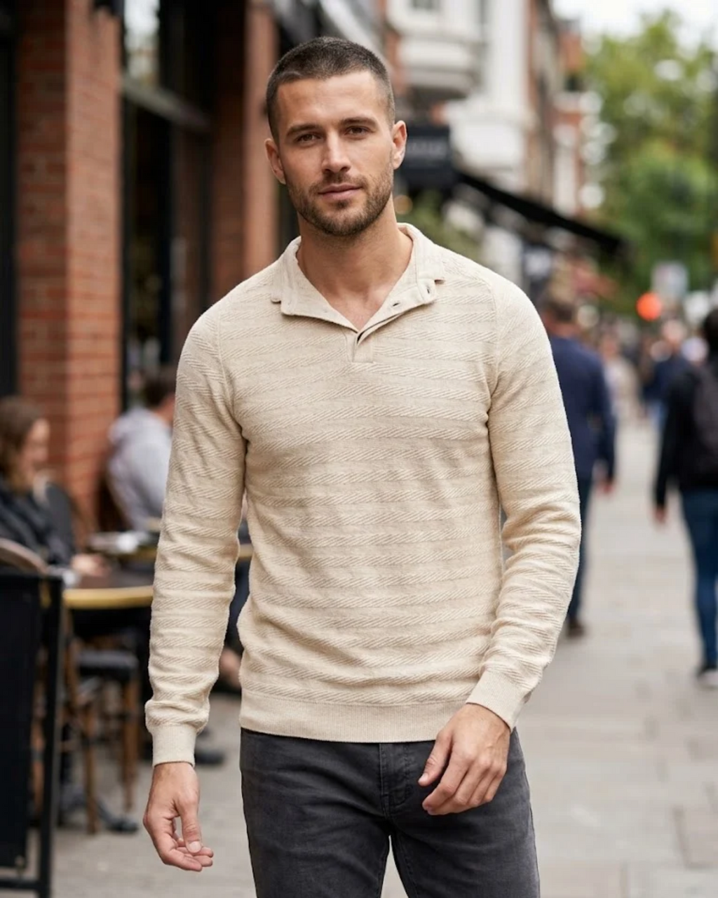 MASSIMO DUTTI - Extra Fine Textured Knit Long-Sleeve Polo Sweater