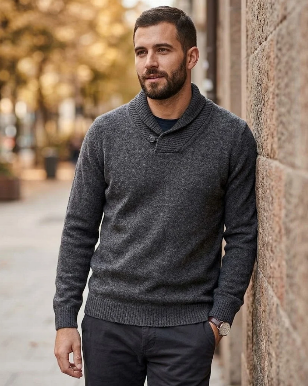 PULL&BEAR - Men's Shawl Collar Wool-Blend Knit Sweater – Charcoal Melange