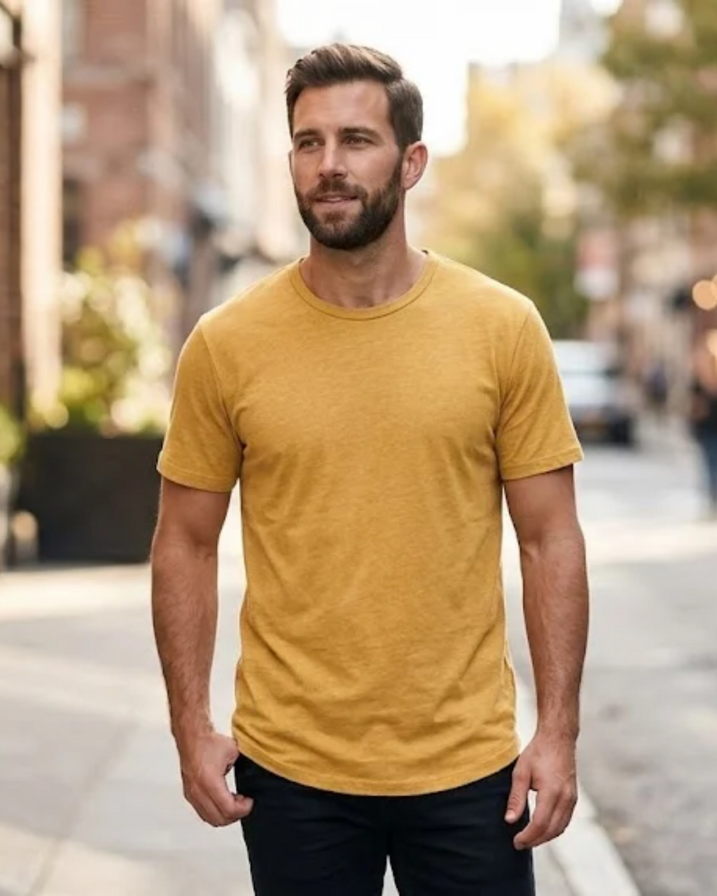 BERSHKA - Men's Mustard Yellow Heather Curved Hem Crewneck T-Shirt