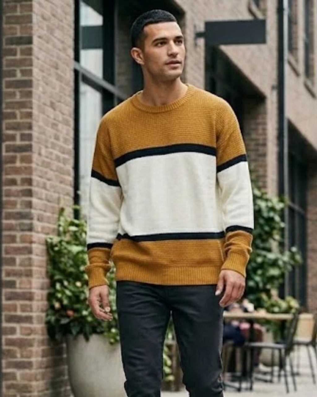 BERSHKA - Men’s Color-Block Striped Knit Sweater