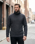 PULL&BEAR - Men's Charcoal Ribbed Chunky Knit Turtleneck Sweater