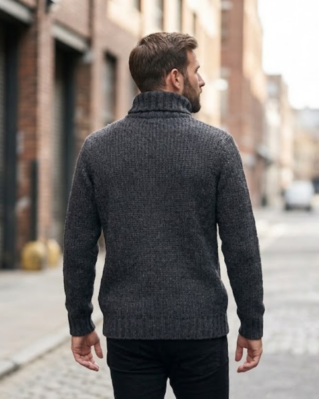 PULL&BEAR - Men's Charcoal Ribbed Chunky Knit Turtleneck Sweater
