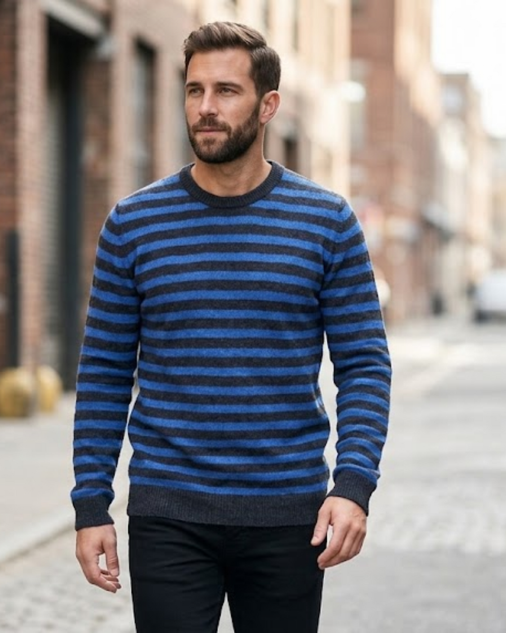 PULL&BEAR - Men's Blue & Charcoal Striped Crewneck Knit Sweater