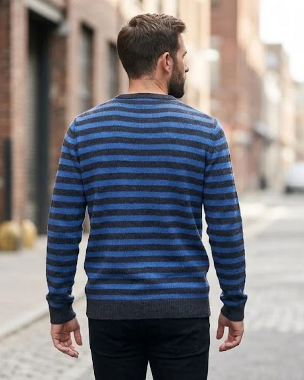 PULL&BEAR - Men's Blue & Charcoal Striped Crewneck Knit Sweater
