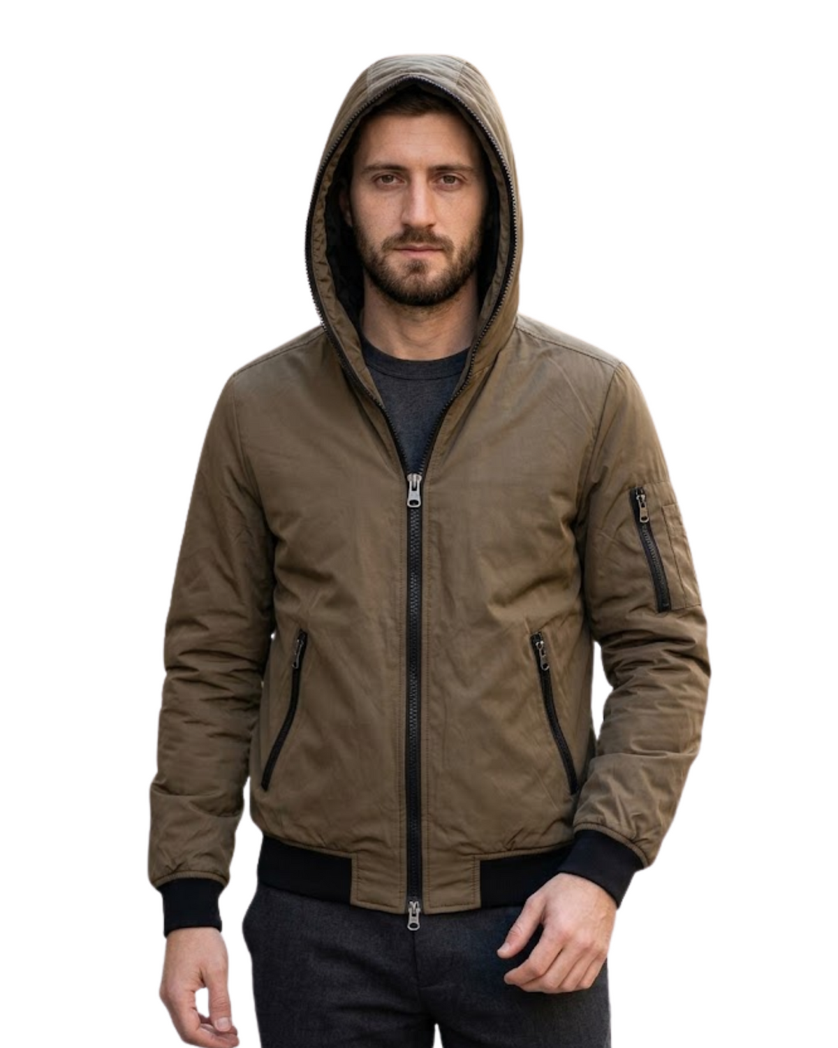 PULL&BEAR - Zipper-Detail Hooded Bomber Jacket in Olive-Brown