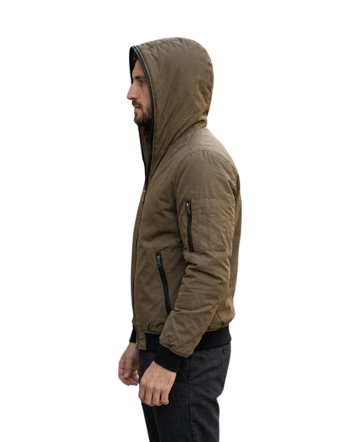 PULL&BEAR - Zipper-Detail Hooded Bomber Jacket in Olive-Brown