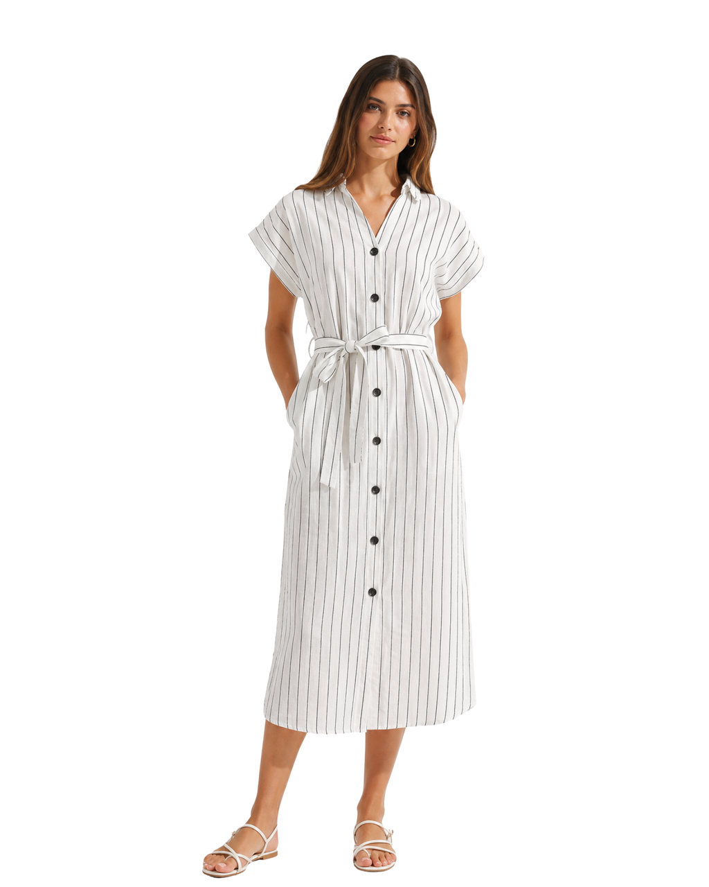CAROLL PARIS - Linen-Viscose Striped Midi Dress with Self-Tie Belt