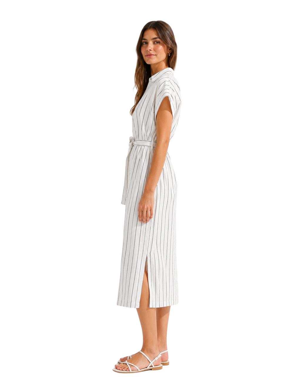 CAROLL PARIS - Linen-Viscose Striped Midi Dress with Self-Tie Belt