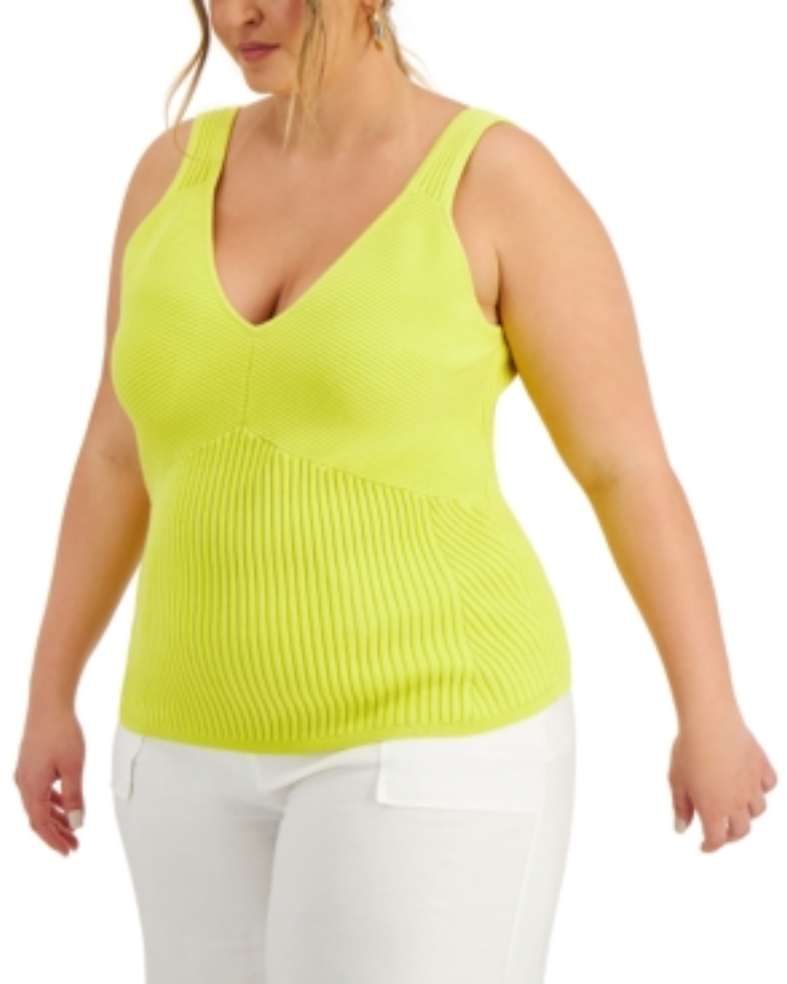 INC - Ribbed V-Neck Tank in Lime Shock