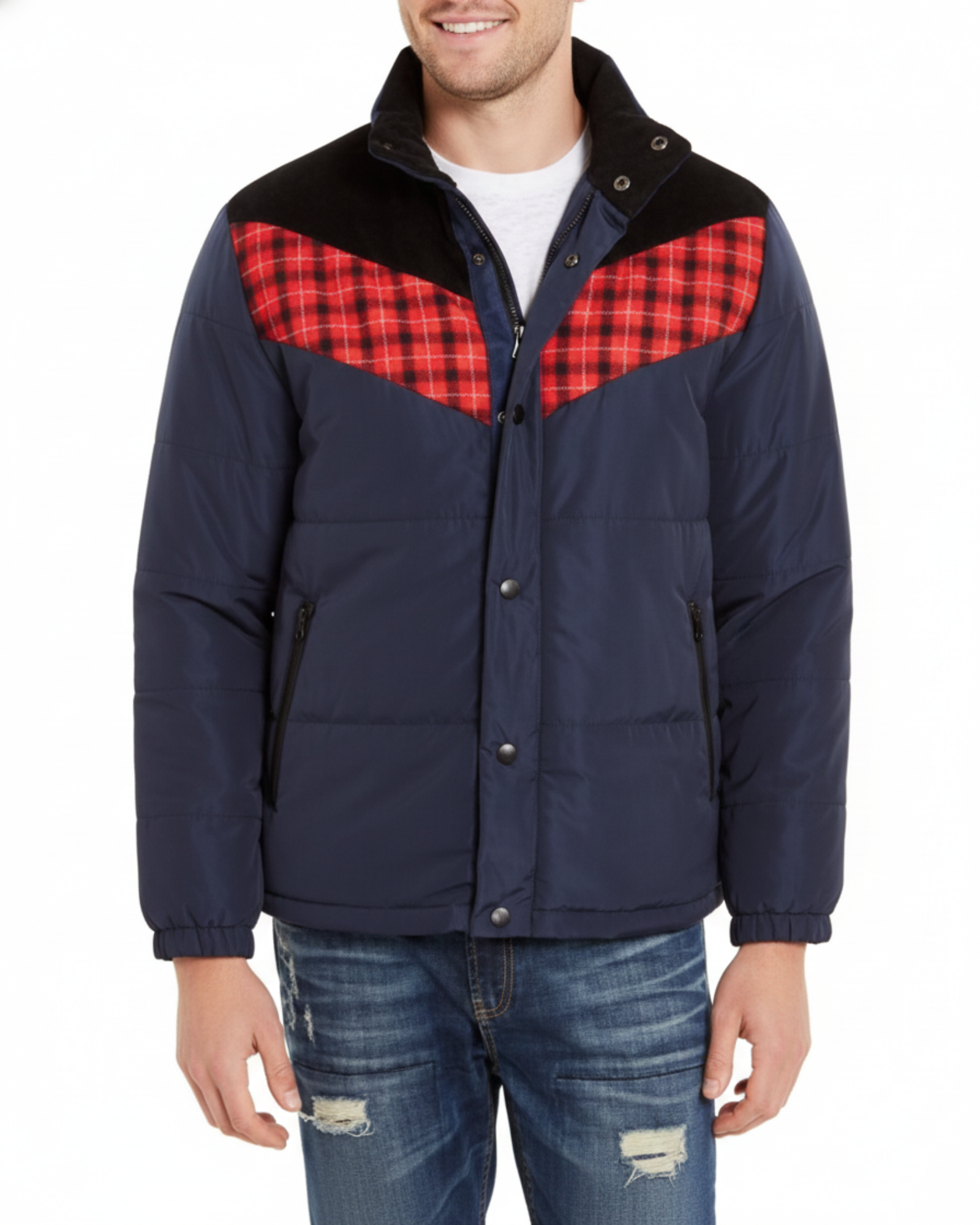 AMERICAN RAG - Men Colorblock Corduroy Plaid Puffer Jacket