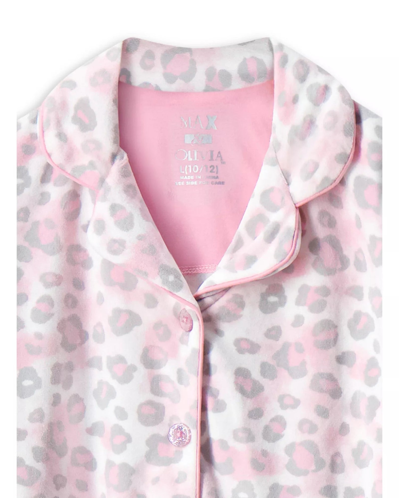 Pink pajama top with leopard print collar and sleeves on a white background