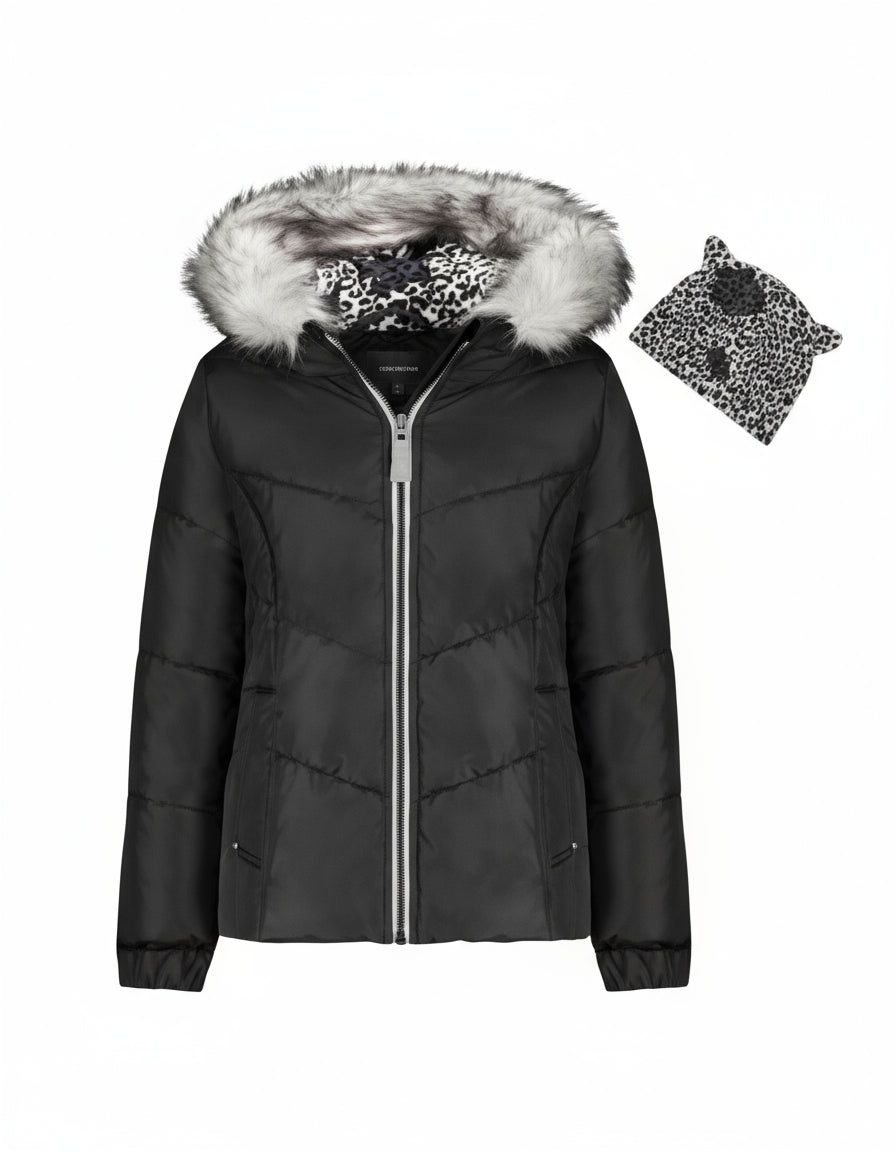 Black puffer jacket with fur-lined hood on a white background