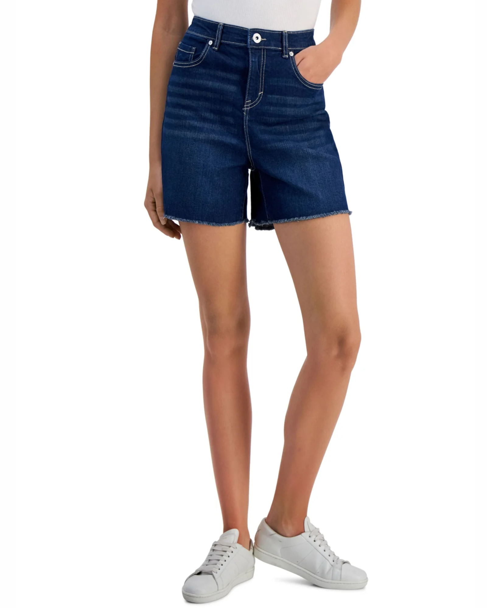 women wearing blue denim shorts on a white background