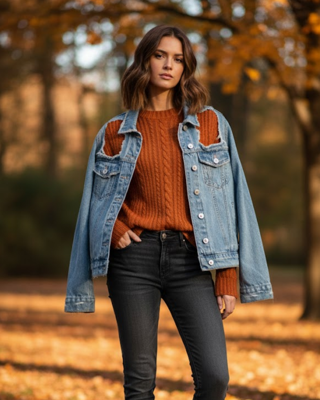 Woman wearing a denim jacket over a rust-colored sweater in an autumn setting