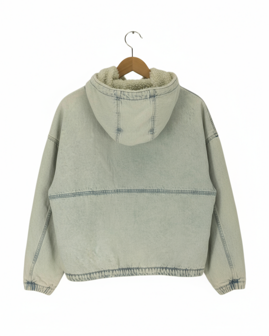 Light blue hooded jacket on a wooden hanger against a white background