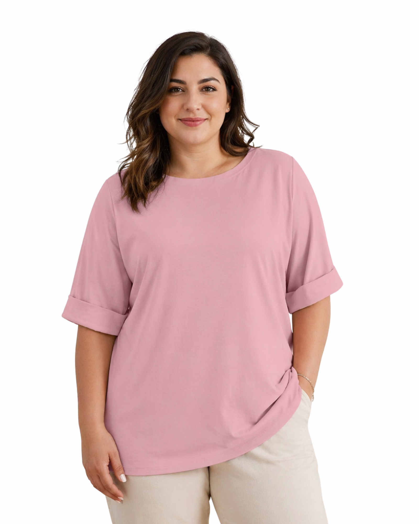 Woman wearing a pink blouse on a white background