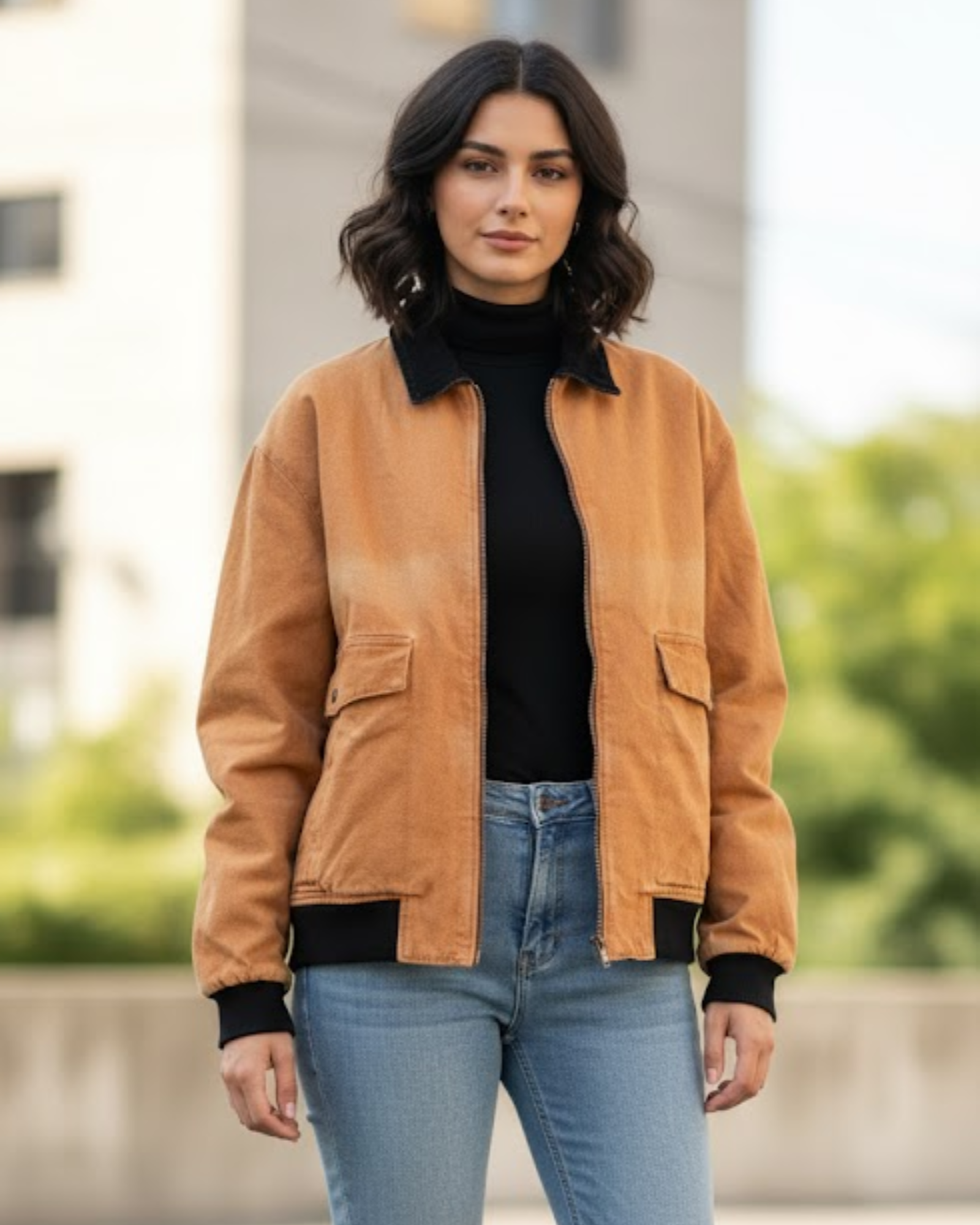 Woman wearing a tan jacket over a black turtleneck and blue jeans outdoors.
