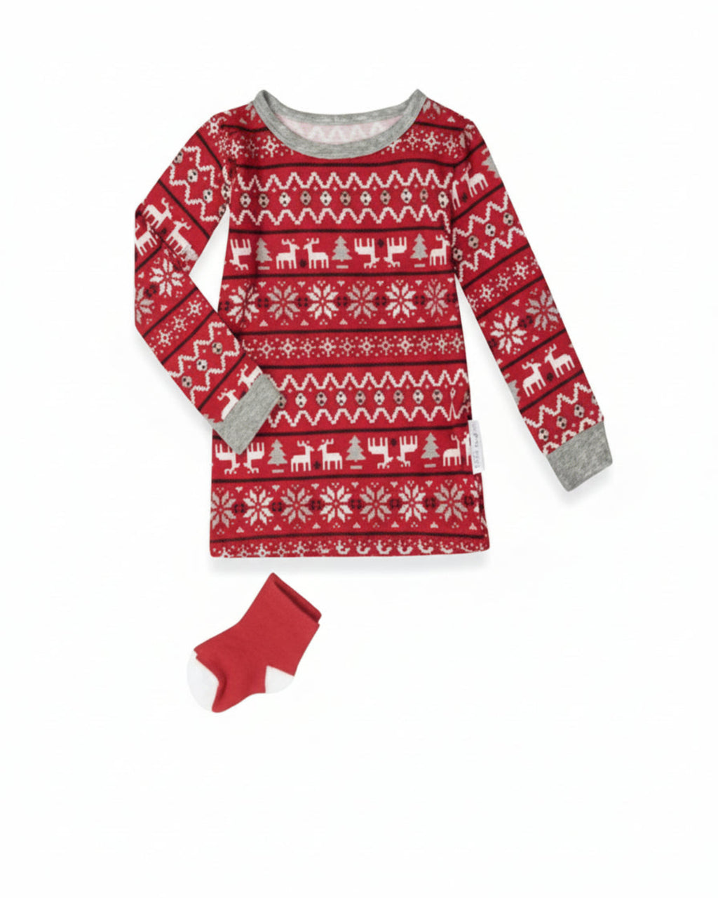 Red Christmas-themed dress with gray cuffs and trim, paired with a matching red sock on a white background.