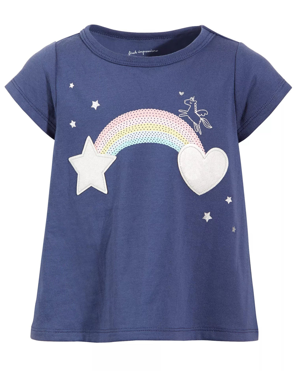 Blue t-shirt with rainbow, star, and heart design 