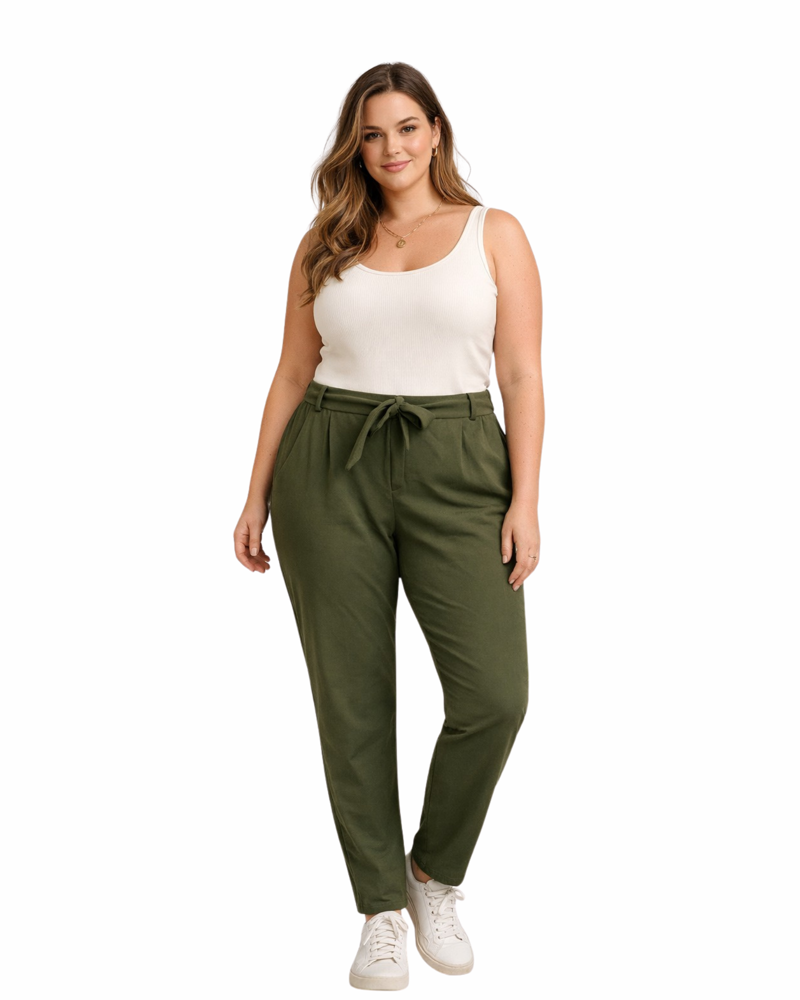 Woman wearing green pants and a white top on a white background