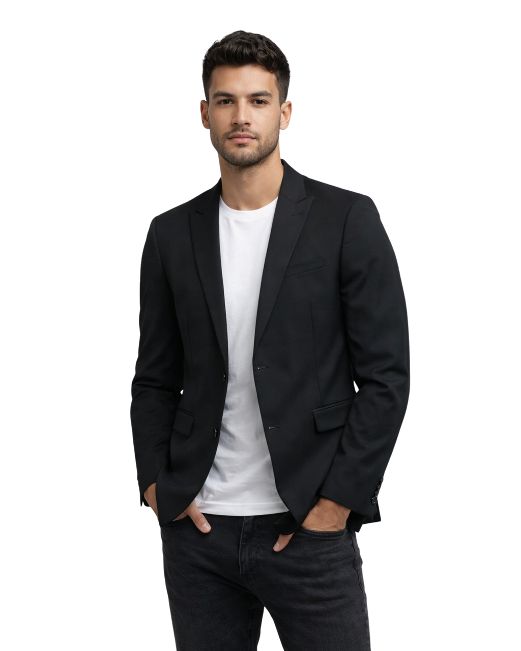 Man wearing a black blazer over a white shirt 