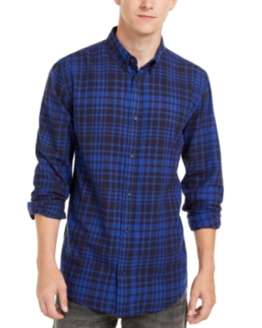 Man wearing a blue plaid shirt on a white background