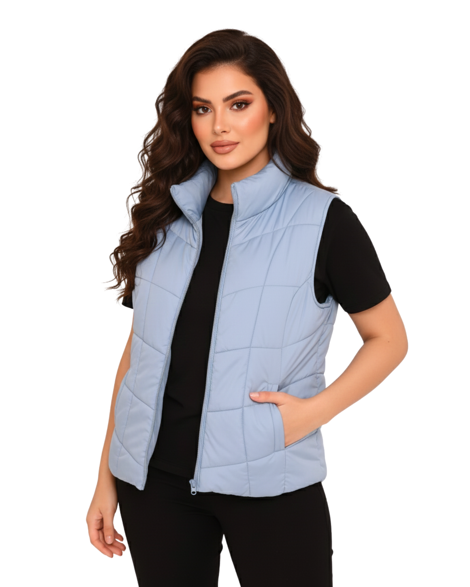 Woman wearing a light blue quilted vest, trendy look, Lebanese women 