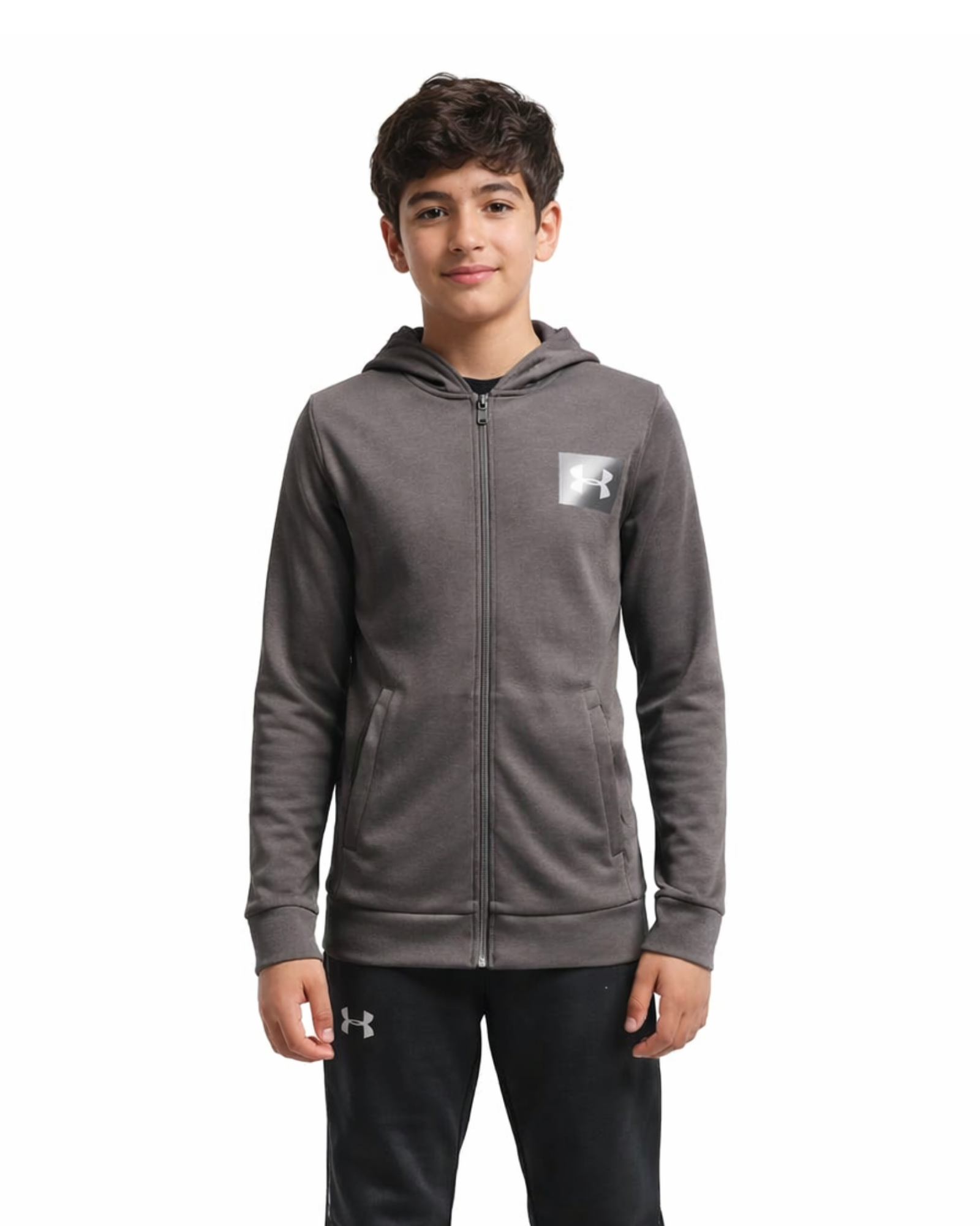 Child wearing a gray hoodie with a brand logo on a white background