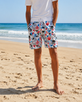 Person wearing geometric patterned shorts on a beach